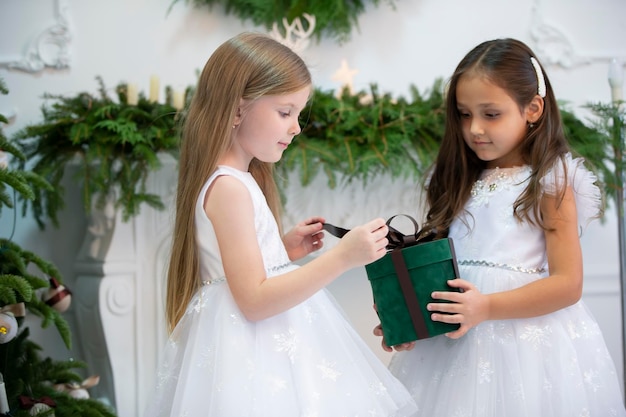Twee kleine meisjes met kerstcadeau Kinderen in het nieuwe jaar