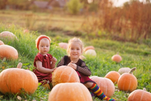 Twee kleine meisjes met oranje pompoenen bij zonsondergang