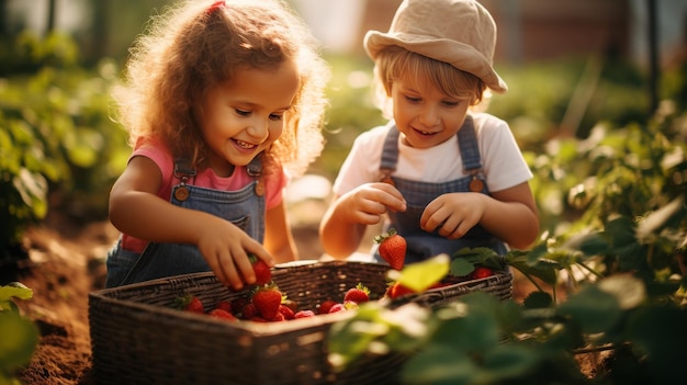 Twee kleine meisjes plukken vreugdevol rijpe aardbeien in een weelderige tuin onder de warme zon