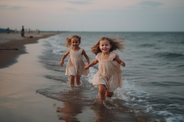 Twee kleine meisjes rennen 's avonds op het strand Zomervakantie Generatieve AI