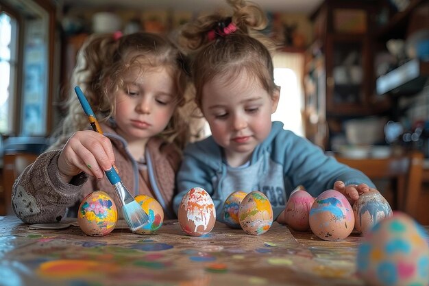 Twee kleine meisjes schilderen paaseieren