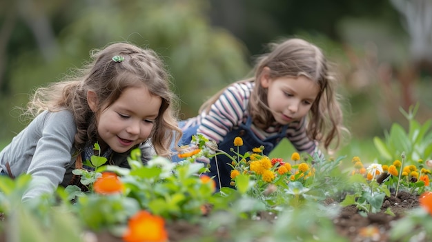 Twee kleine meisjes spelen in een veld van bloemen