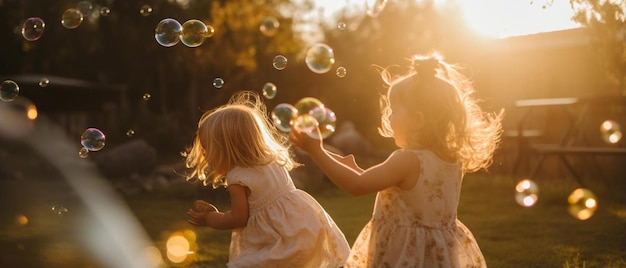 Twee kleine meisjes spelen met bubbels in de zon.