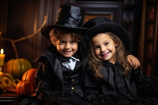 Twee kleine meisjes verkleed in heksenkostuums Vrolijke glimlach van kinderen aan de vooravond van de vakantie Feestelijk kostuum Jack-lantaarn