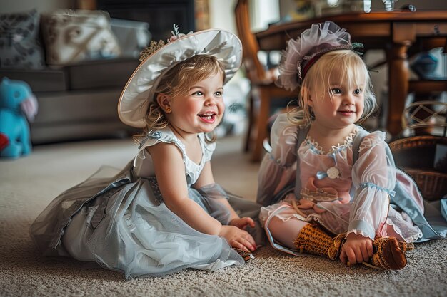 Twee kleine meisjes zitten op de vloer in jurken en hoeden.
