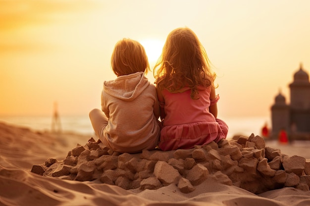 Twee kleine meisjes zitten vlakbij het strand en kijken uit naar de kust