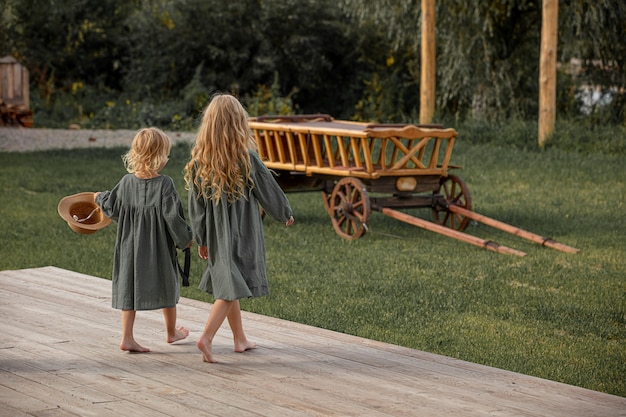 Twee kleine mooie kindermeisjes die samen op het platteland lopen