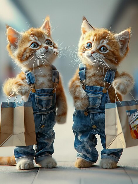 Twee kleine oranje katten in denimhangers met winkelzakken IMAX stijl straat stijl realisme