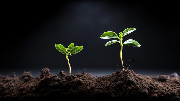 twee kleine planten die uit vuil groeien in de stijl van zwarte achtergrond