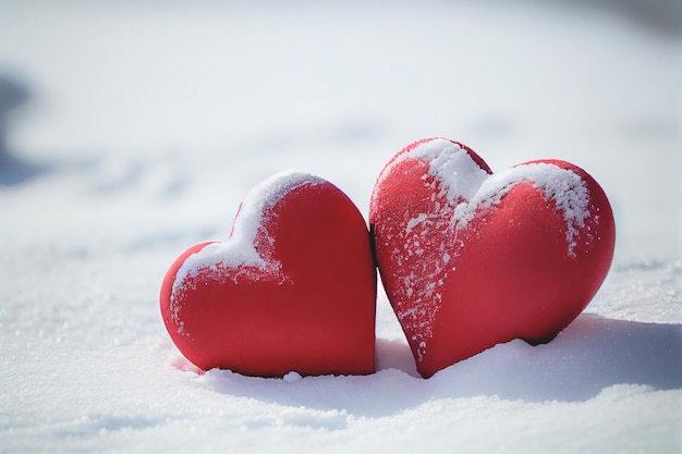 Twee kleine rode hartjes genesteld samen op een besneeuwd oppervlak bezaaid met sneeuwvlokken Valentine Achtergrond