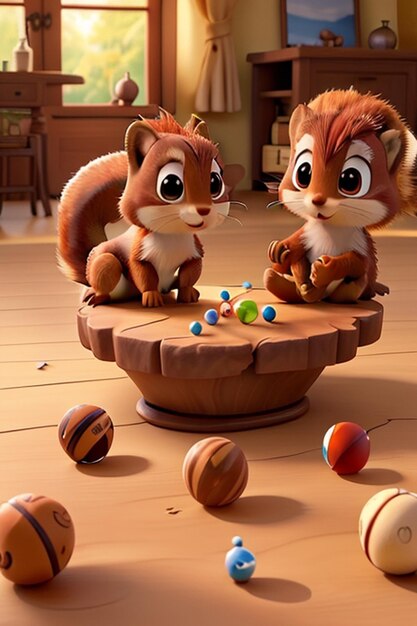 Twee kleine schattige rode eekhoorns spelen met knikkers en een enorm walnoot goud uur met brunaille