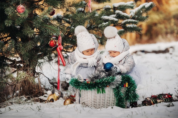 Twee kleine tweelingmeisjes in witte pakken halen in de winter op straat kerstballen uit een mand bij de kerstboom