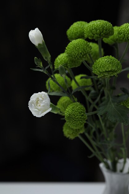 Twee kleine witte rozen sieren een boeket groene chrysanten