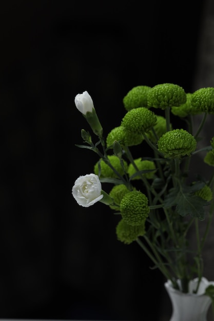 Twee kleine witte rozen sieren een boeket groene chrysanten