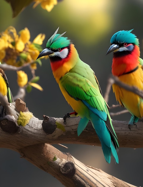 twee kleurrijke bijenetervogels die op een boomtak zitten