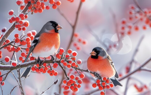 Twee kleurrijke Eurazische bullfinch te midden van levendige rode bessen die de schoonheid van de natuur tonen in een serene winteromgeving