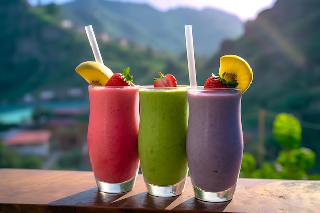 twee kleurrijke smoothies op tafel op een bergtafereel