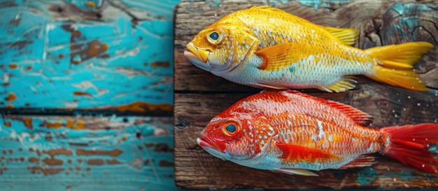 Foto twee kleurrijke vissen op een houten plank.