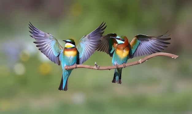Twee kleurrijke vogels op een tak met een spreuk 'bijeneters'