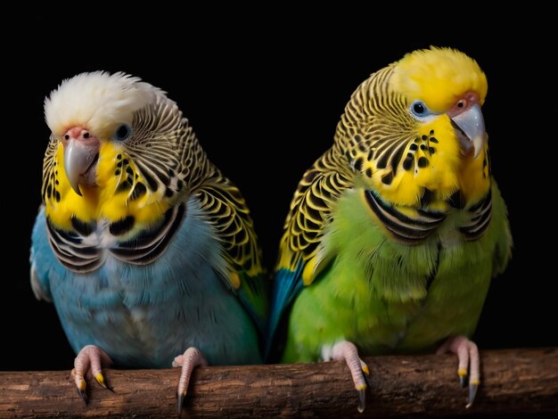 twee kleurrijke vogels zitten op een boomstam waarvan er een een gele en groene kleur heeft
