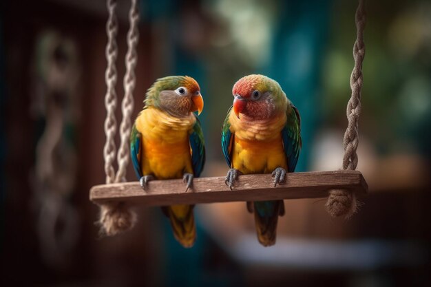 Foto twee kleurrijke vogels zitten op een zitstok met een touw aan de zijkant.