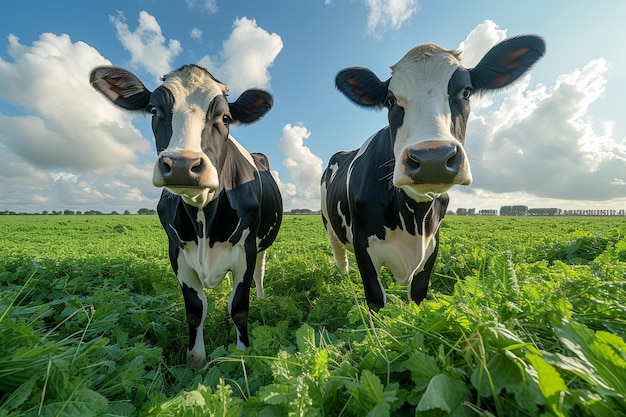 Twee koeien staan in het veld en kijken naar de camera.