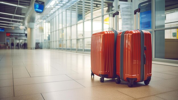 Foto twee koffers in de lege luchthavenhal, reizigerskoffers in de wachtkamer van de luchthaventerminal, vakantieconcept, kopieerruimte voor tekst.