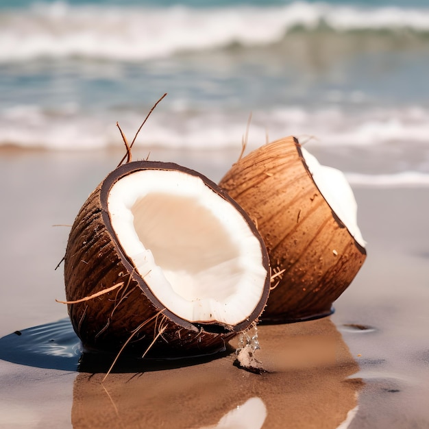 Twee kokosnoten op een strand met de oceaan op de achtergrond.