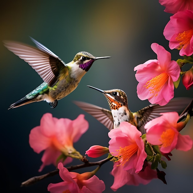 Twee kolibries vliegen naast bloemen.