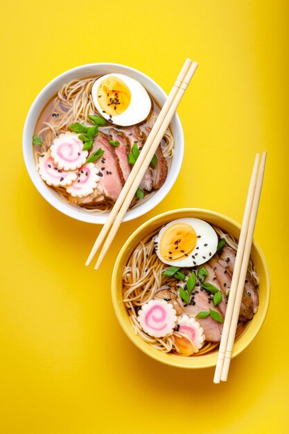 Twee kommen Japanse noedelsoep ramen met vleesbouillon, gesneden varkensvlees, narutomaki, ei met dooier op pastelgele achtergrond. Traditioneel gerecht van Japan, bovenaanzicht, close-up, concept