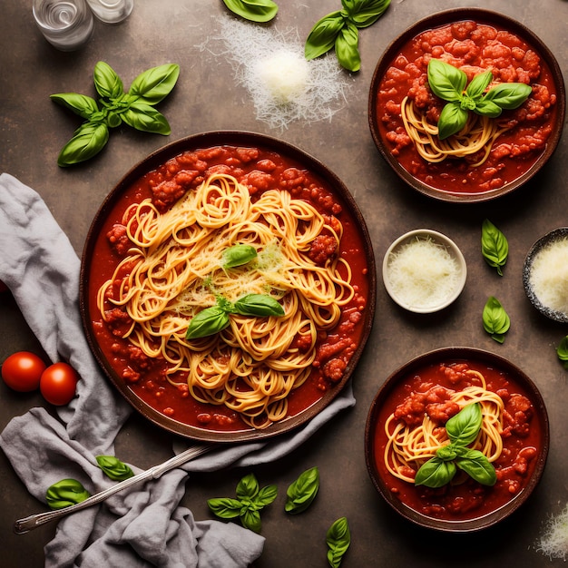 Twee kommen spaghetti met tomatensaus en basilicumblaadjes op een donkere achtergrond.
