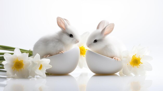 Twee konijnen in eierschalen met paassymbolen.