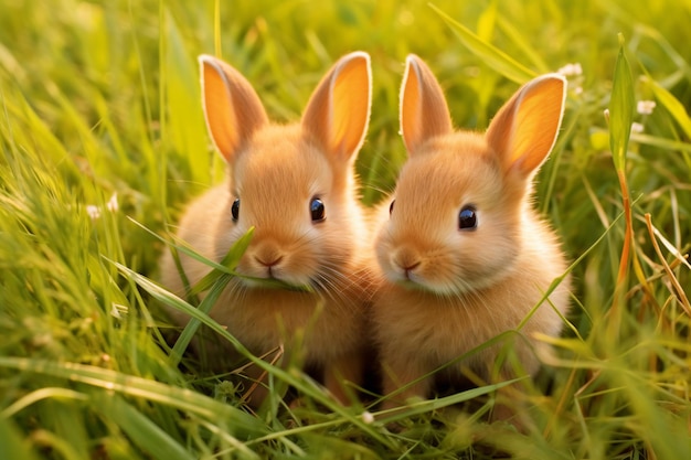 twee konijnen zitten in het gras met hun hoofden dicht bij elkaar