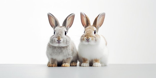 Twee konijnen zittend op een witte tafel met een witte achtergrond