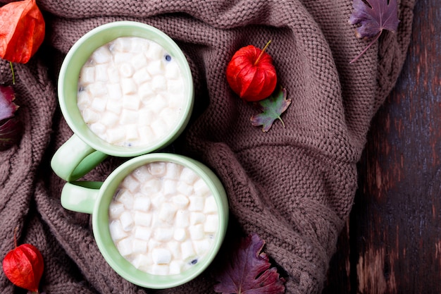 Twee kop koffie of warme chocolademelk met marshmallow in de buurt van gebreide deken.