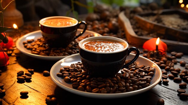 Twee kopjes koffie en een bord koffie met bonen