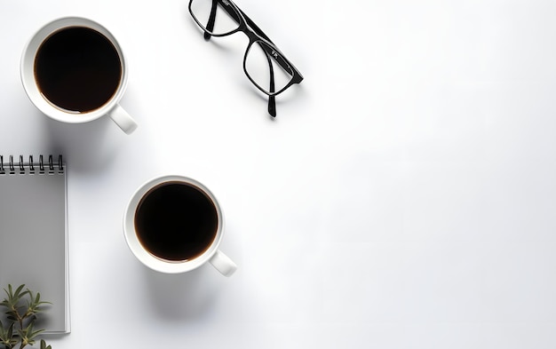 Twee kopjes koffie met glazen op een witte achtergrond