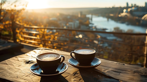 Twee kopjes koffie op een houten tafel met een wazige achtergrond van een stad