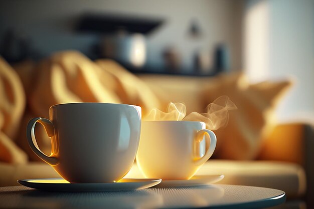 Twee kopjes koffie op een tafel met daarachter een gele deken.