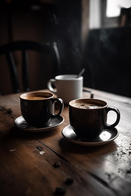 Twee kopjes koffie op een tafel met een kopje koffie