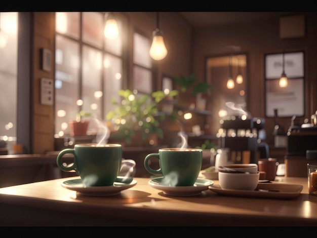 twee kopjes koffie staan op een tafel in een café met een gloeilamp