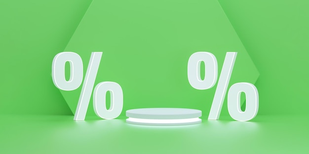 Twee kortingsborden aan elke kant naar podium op groene achtergrond