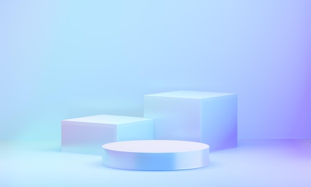 Twee kubus cilinder Hologram kleur podium weergave achtergrond met wolk schone muur in paarse thema 3D illustratie rendering