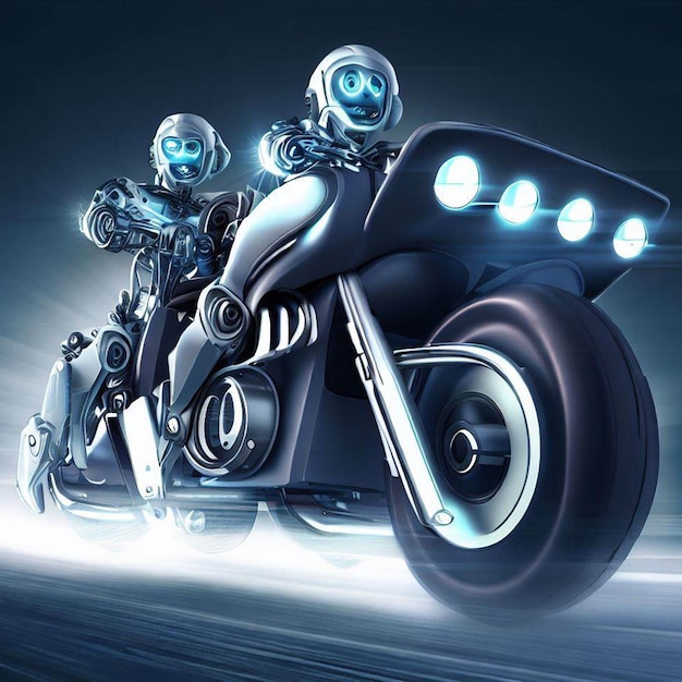 Twee kunstmatige intelligentierobots die op een motorfiets rijden