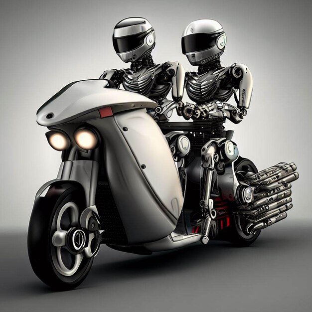 Twee kunstmatige intelligentierobots die op een motorfiets rijden