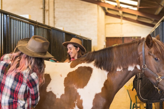 Twee lachende cowboyvrouwen die aan het trainen zijn om een paard te borstelen in een stal, hoeden en jeans verticale foto in een stal in het zuiden van de V.S