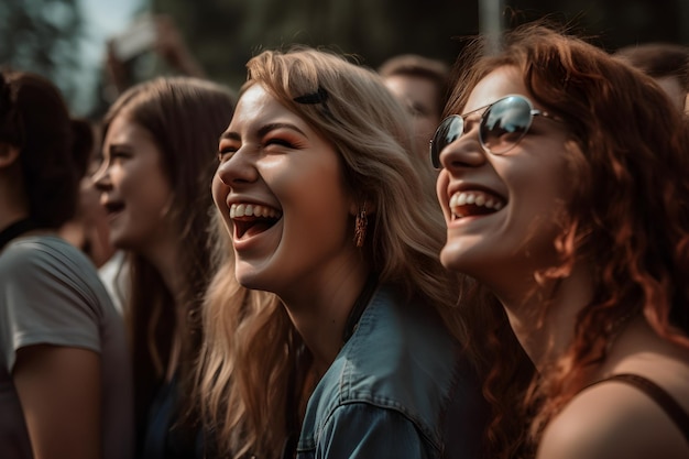 Twee lachende en lachende vrouwen in een menigte