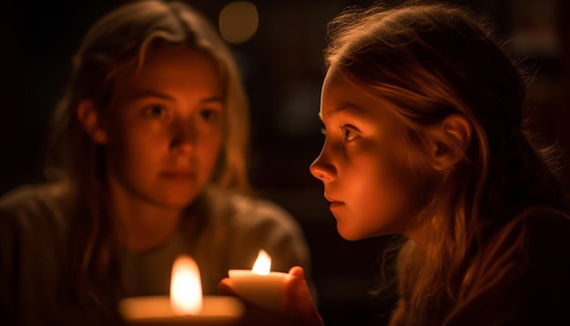 Twee lachende zussen delen samen een moment bij kaarslicht, gegenereerd door AI