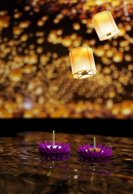 Twee lampen en bloemen over de rivier in de nacht van Loy Krathong Festival