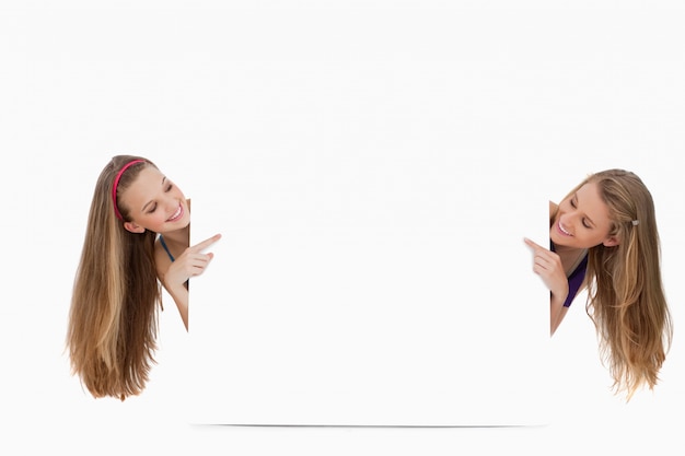 Twee lange haarvrouwen achter van een leeg teken